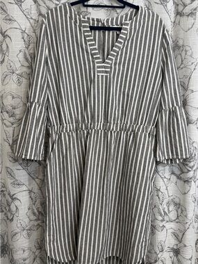 Lucky Brand Boho V-Neck Tunic Dress | Grey & White | Size XL | 100% Cotton